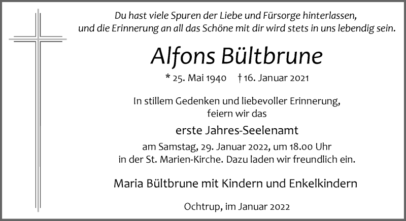  Traueranzeige für Alfons Bültbrune vom 26.01.2022 aus 