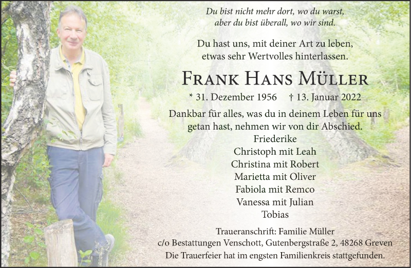  Traueranzeige für Frank Hans Müller vom 22.01.2022 aus 