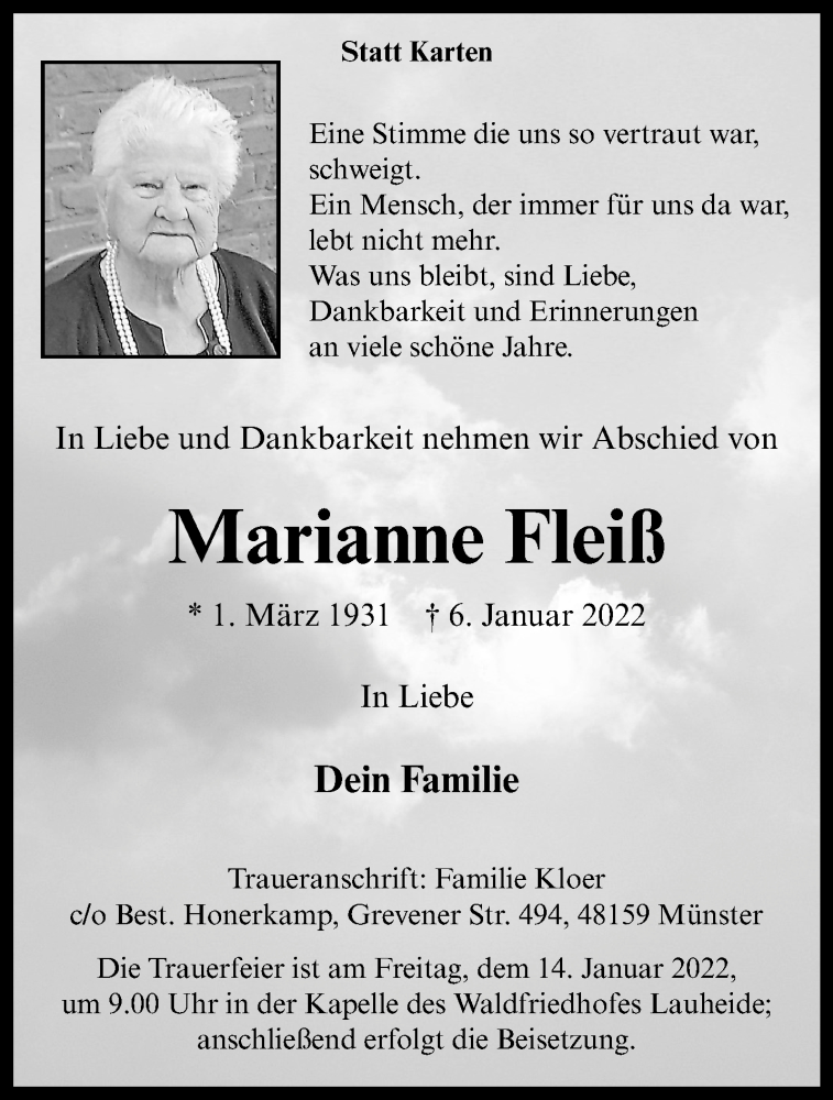  Traueranzeige für Marianne Fleiß vom 12.01.2022 aus 