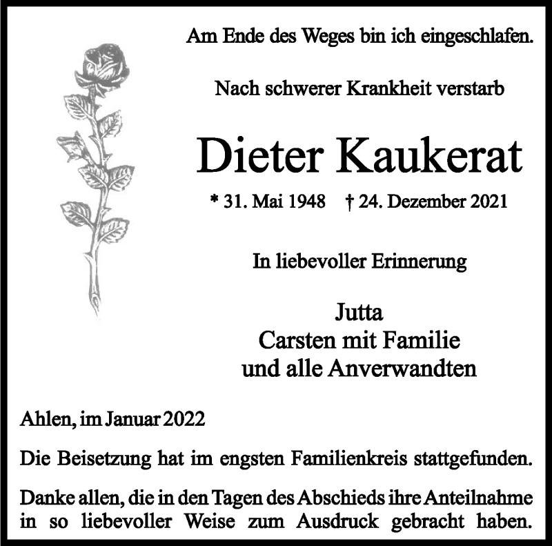  Traueranzeige für Dieter Kaukerat vom 15.01.2022 aus 