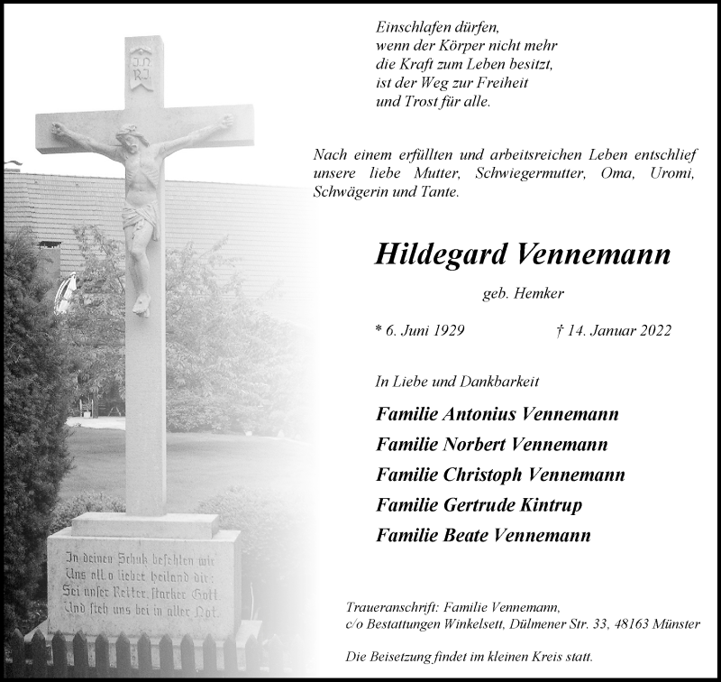  Traueranzeige für Hildegard Vennemann vom 18.01.2022 aus 