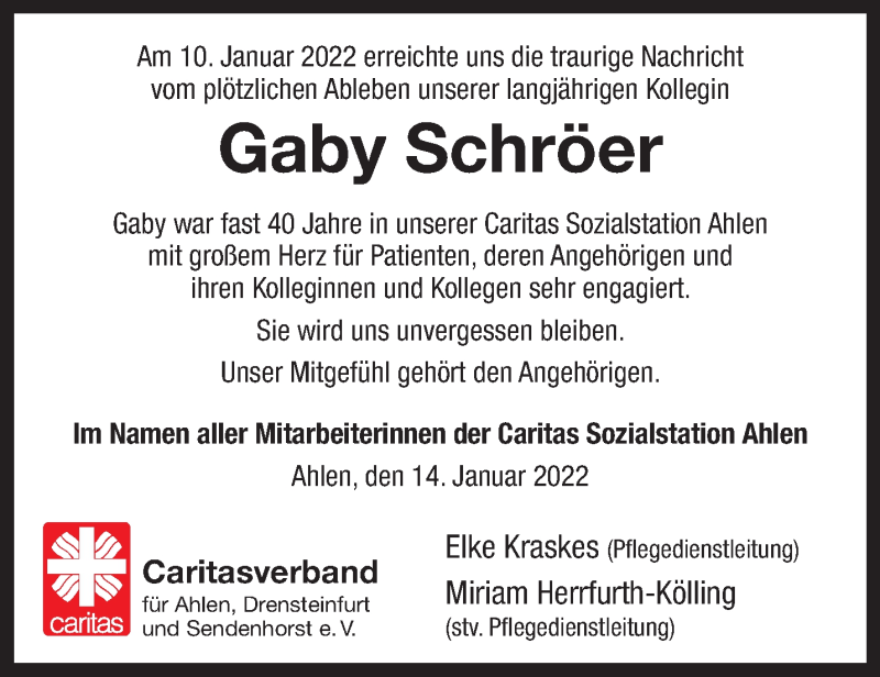  Traueranzeige für Gabriele Schröer vom 17.01.2022 aus 