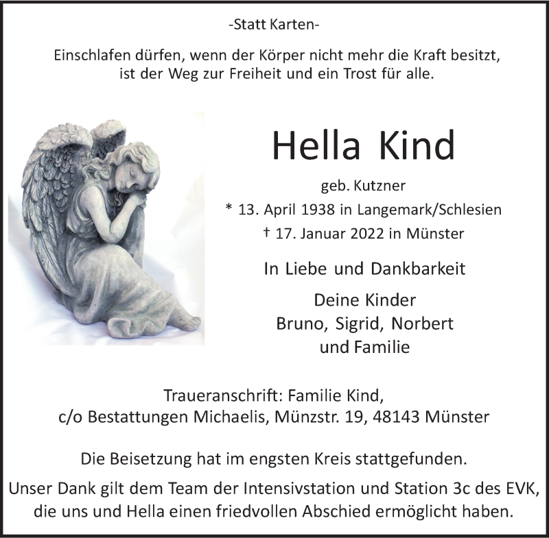  Traueranzeige für Hella Kind vom 29.01.2022 aus 
