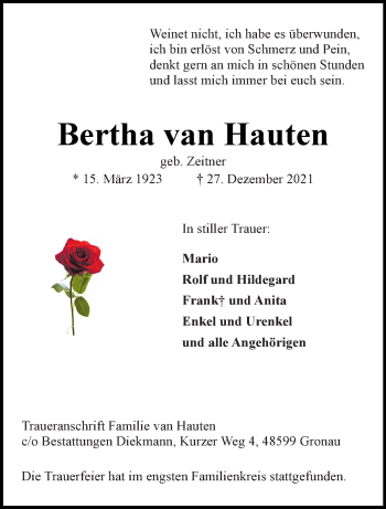 Anzeige von Bertha van Hauten 