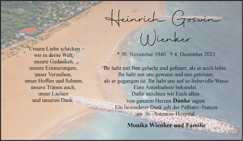  Traueranzeige für Heinrich Goswin Wienker vom 22.01.2022 aus 