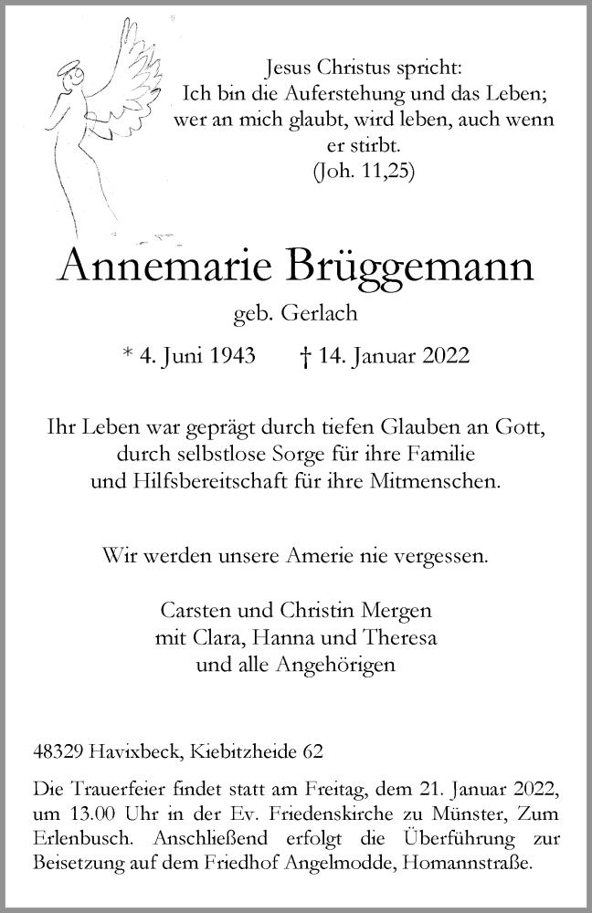  Traueranzeige für Annemarie Brüggemann vom 19.01.2022 aus 