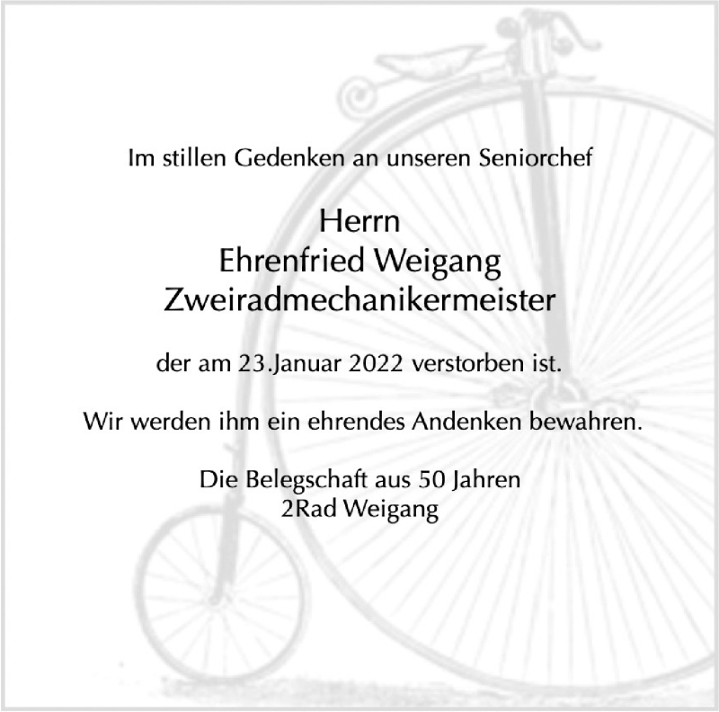  Traueranzeige für Ehrenfried Weigang vom 29.01.2022 aus 