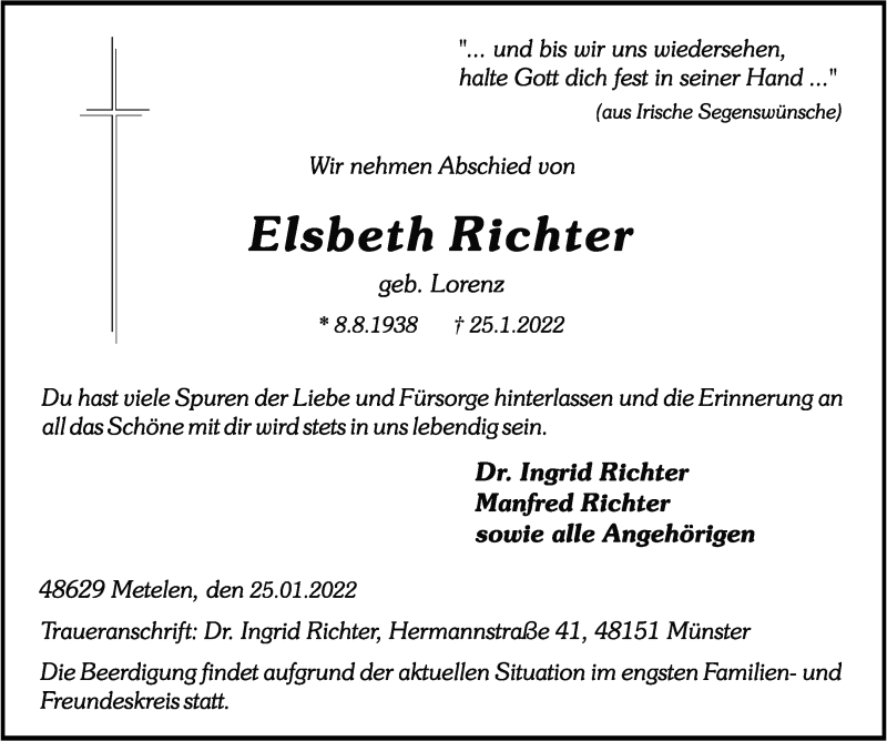  Traueranzeige für Elsbeth Richter vom 27.01.2022 aus 