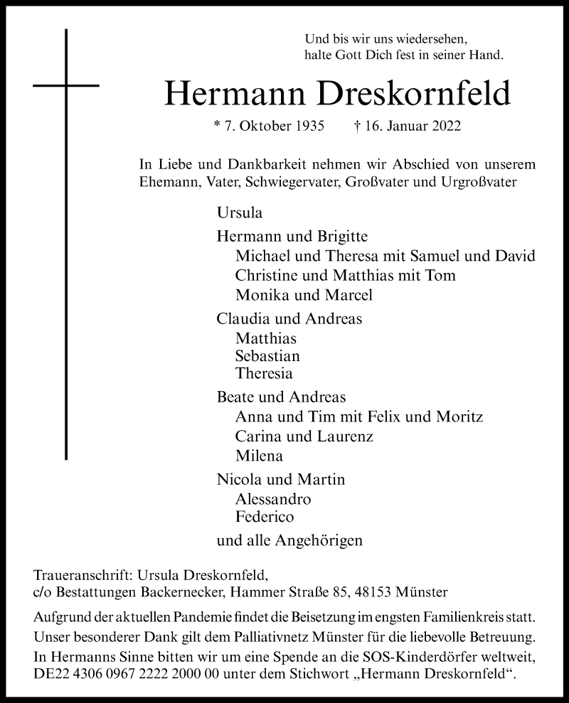  Traueranzeige für Hermann Dreskornfeld vom 22.01.2022 aus 