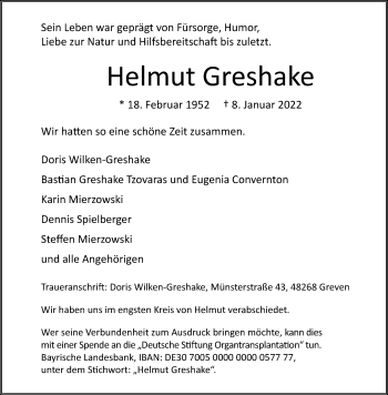 Anzeige von Helmut Greshake 