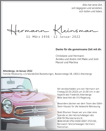 Anzeige von Hermann Kleinsman 