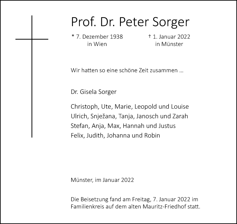  Traueranzeige für Peter Sorger vom 08.01.2022 aus 