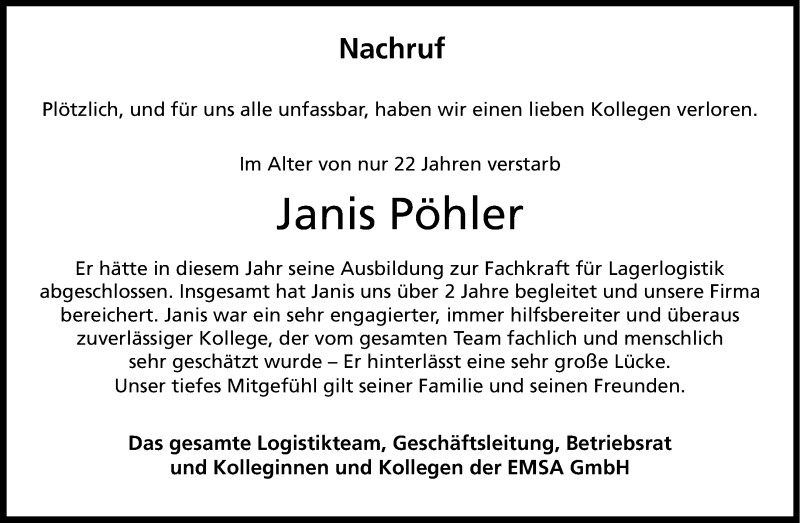  Traueranzeige für Janis Pöhler vom 12.01.2022 aus 