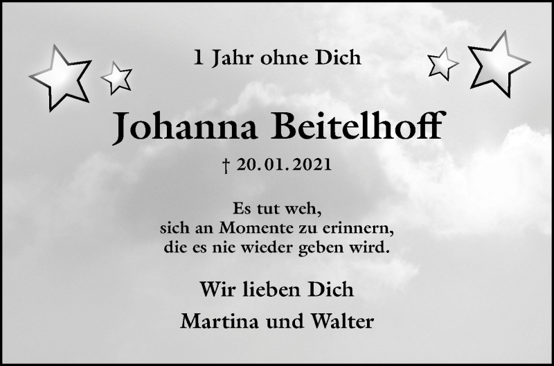  Traueranzeige für Johanna Beitelhoff vom 22.01.2022 aus 