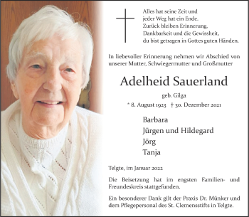 Anzeige von Adelheid Sauerland 