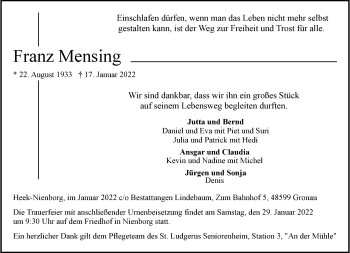 Anzeige von Franz Mensing 