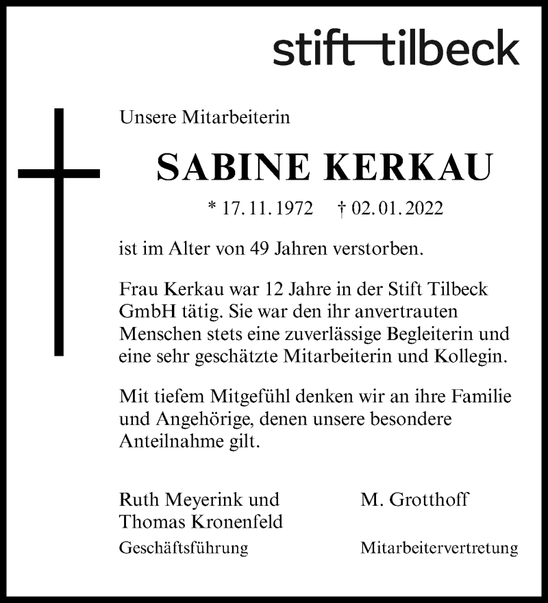  Traueranzeige für Sabine Kerkau vom 19.01.2022 aus 