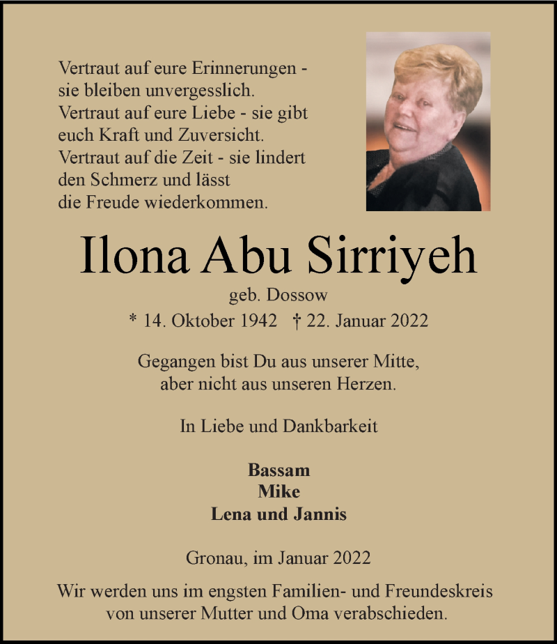  Traueranzeige für Ilona Abu Sirriyeh vom 27.01.2022 aus 