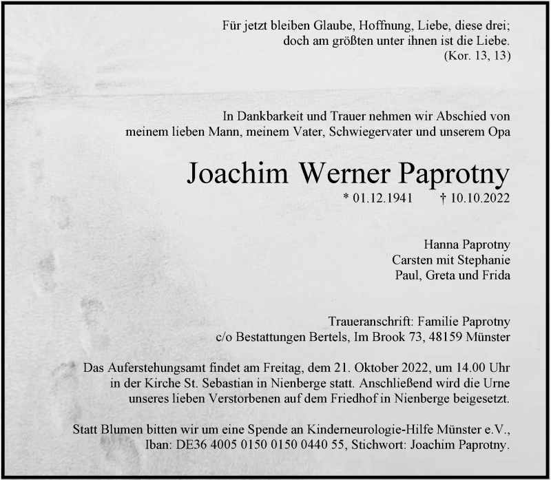  Traueranzeige für Joachim Werner Paprotny vom 15.10.2022 aus 