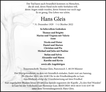 Anzeige von Hans Gleis 