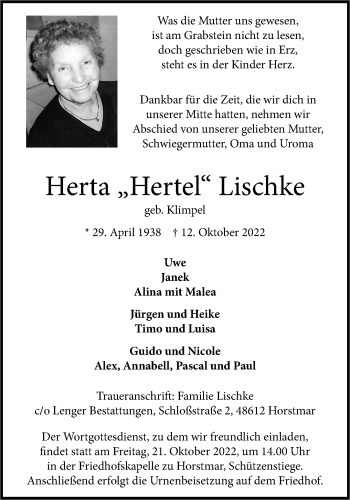Anzeige von Herta Lischke 