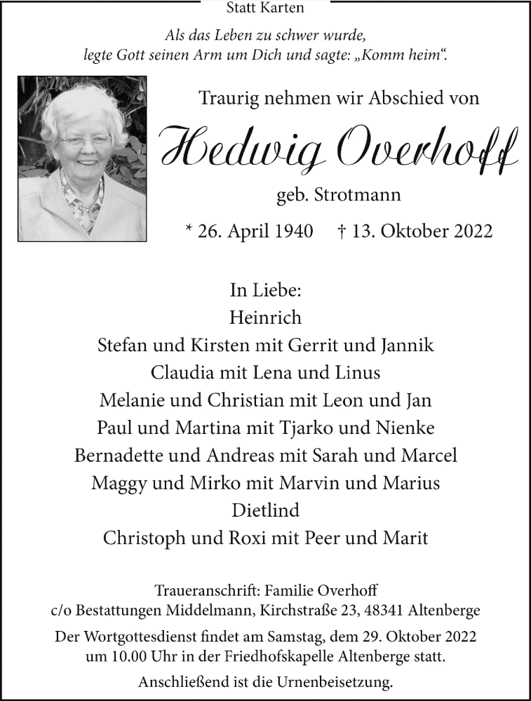  Traueranzeige für Hedwig Overhoff vom 22.10.2022 aus 