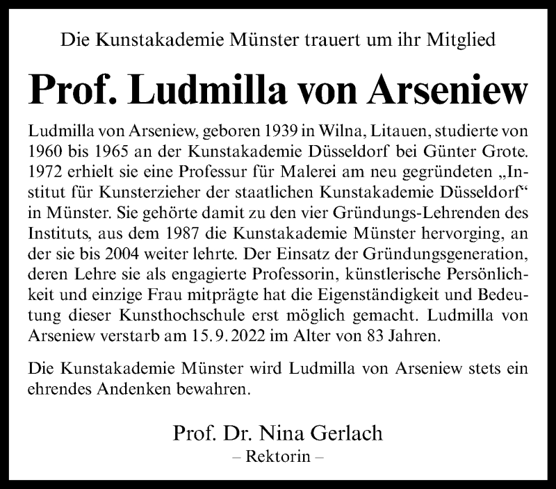  Traueranzeige für Ludmilla von Arseniew vom 01.10.2022 aus 