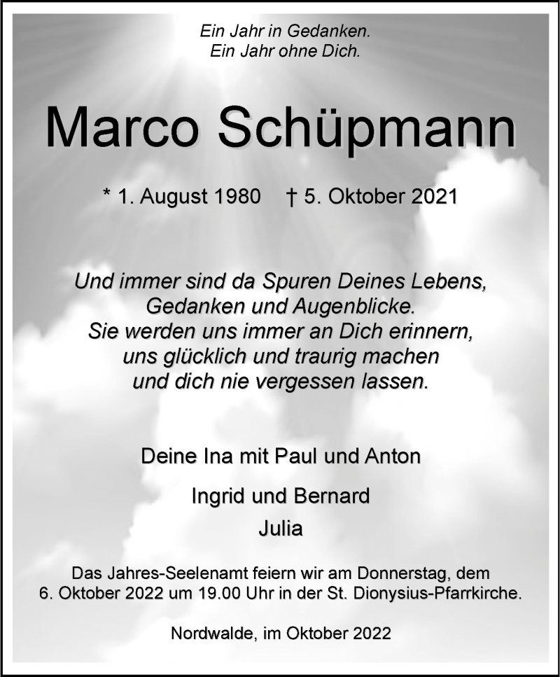  Traueranzeige für Marco Schüpmann vom 01.10.2022 aus 