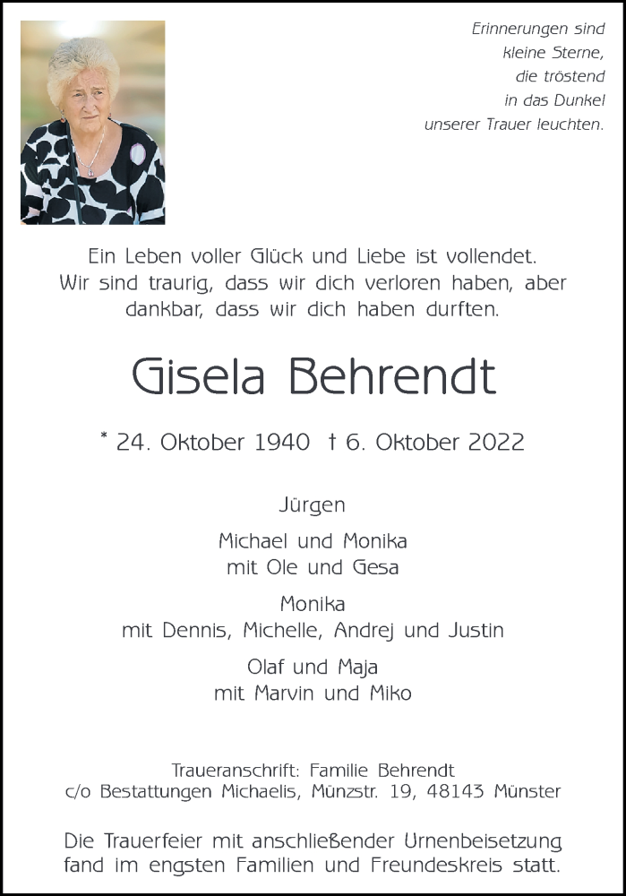  Traueranzeige für Gisela Behrendt vom 29.10.2022 aus 