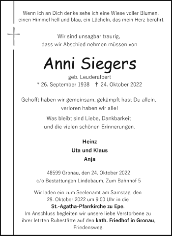 Anzeige von Anni Siegers 