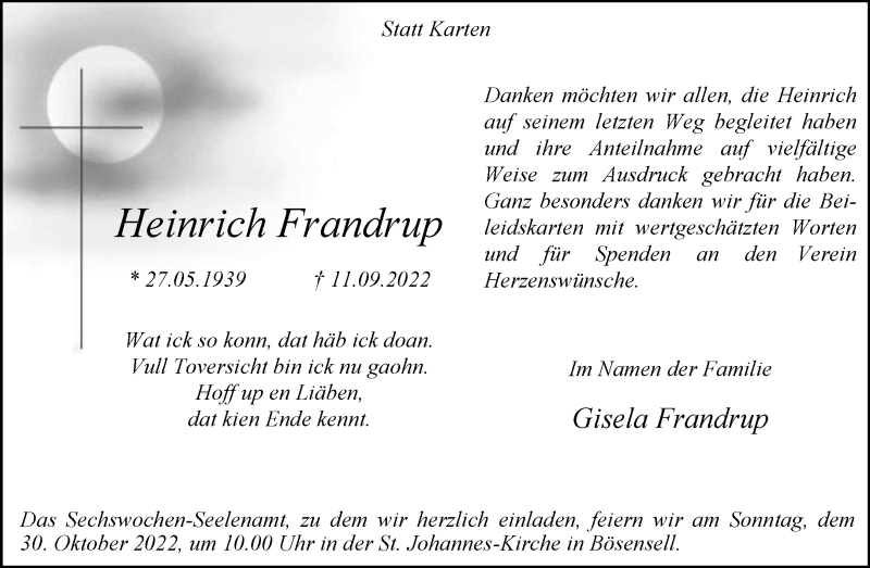  Traueranzeige für Heinrich Frandrup vom 22.10.2022 aus 