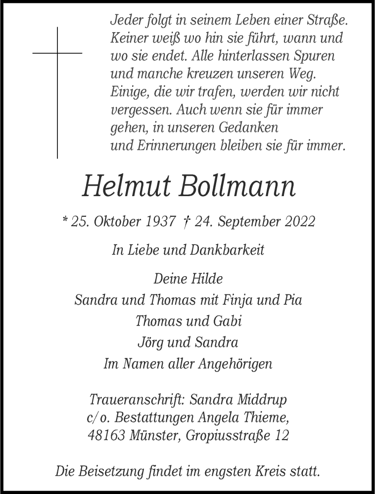  Traueranzeige für Helmut Bollmann vom 01.10.2022 aus 