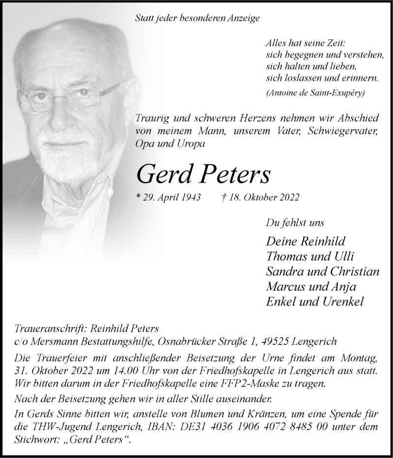  Traueranzeige für Gerd Peters vom 27.10.2022 aus 