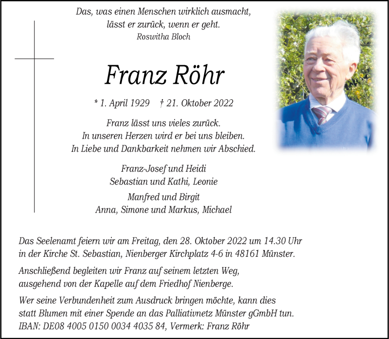  Traueranzeige für Franz Röhr vom 26.10.2022 aus 