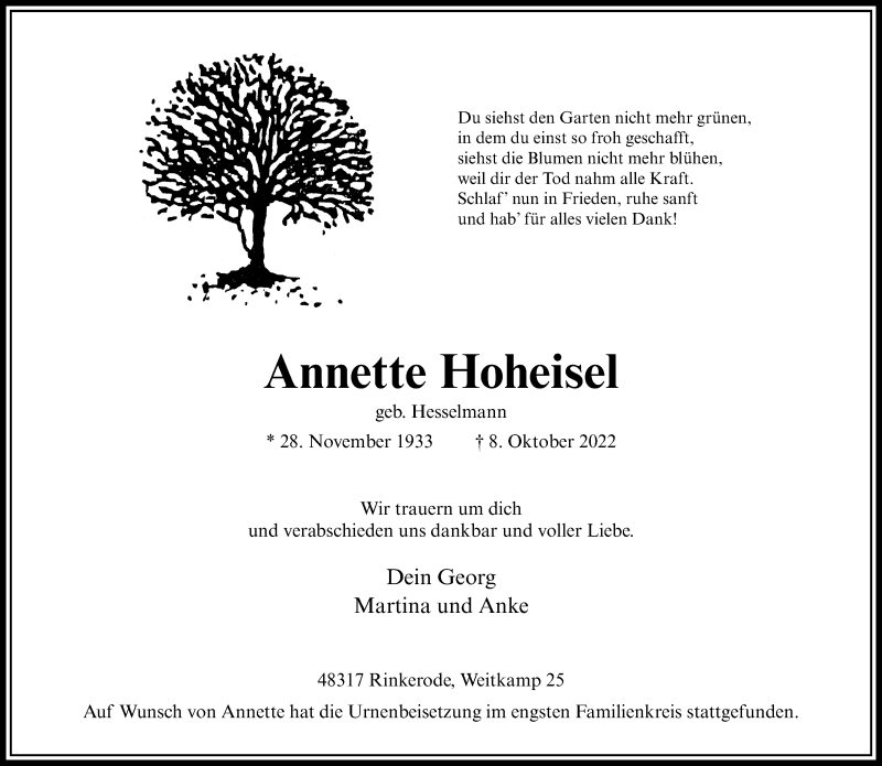  Traueranzeige für Annette Hoheisel vom 22.10.2022 aus 