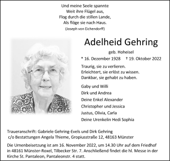 Anzeige von Adelheid Gehring 