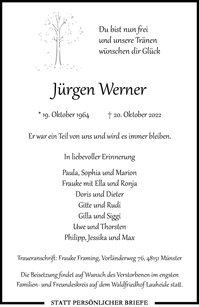  Traueranzeige für Jürgen Werner vom 29.10.2022 aus 