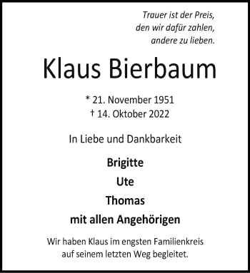 Anzeige von Klaus Bierbaum 