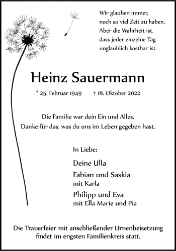 Anzeige von Heinz Sauermann 