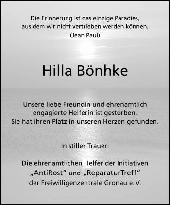 Anzeige von Hilla Bönhke 