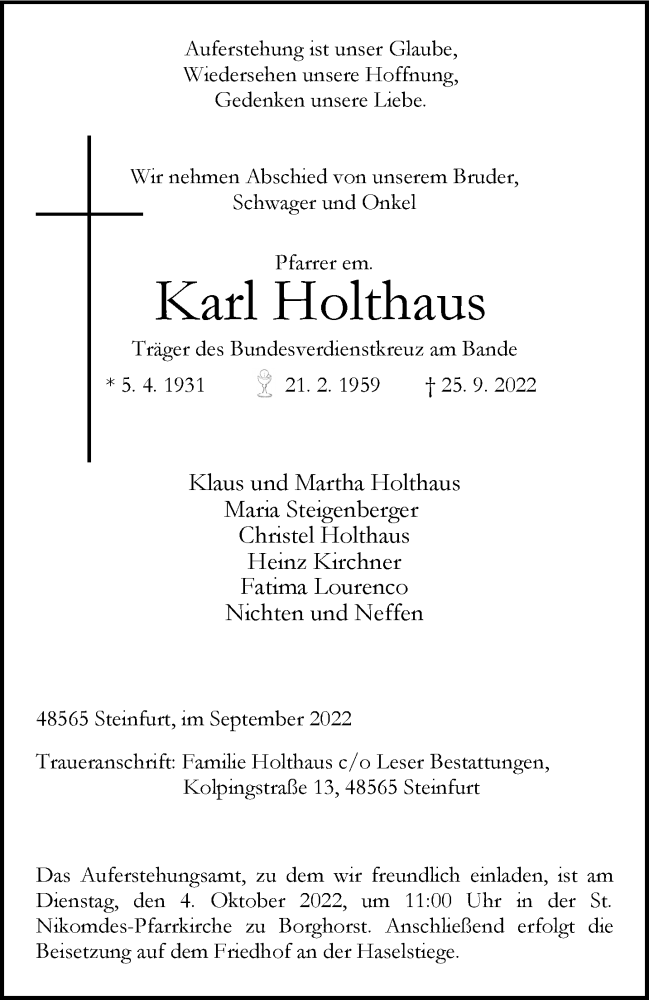  Traueranzeige für Karl Holthaus vom 01.10.2022 aus 