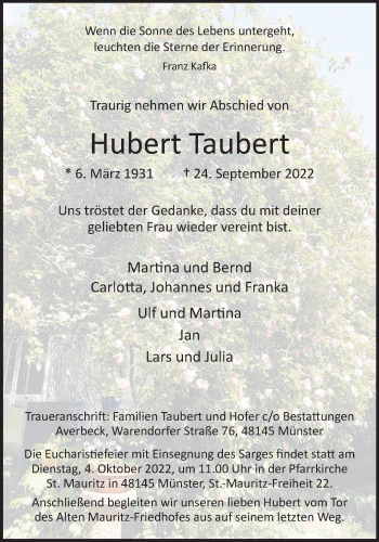 Anzeige von Hubert Taubert 