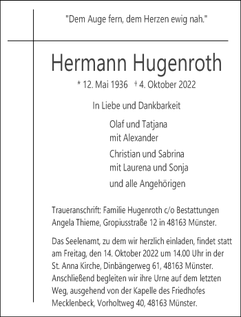 Anzeige von Hermann Hugenroth 