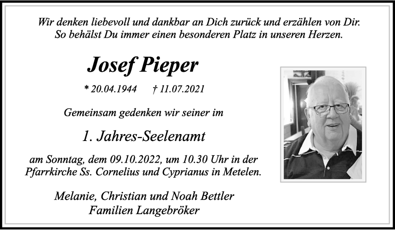  Traueranzeige für Josef Pieper vom 03.10.2022 aus 