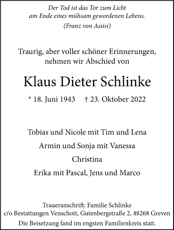 Anzeige von Klaus Dieter Schlinke 