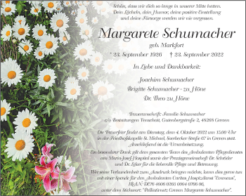 Anzeige von Margarete Schumacher 
