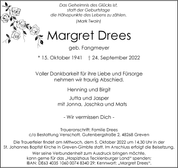 Anzeige von Margret Drees 