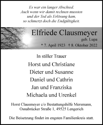 Anzeige von Elfriede Clausmeyer 