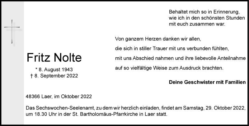  Traueranzeige für Fritz Nolte vom 22.10.2022 aus 