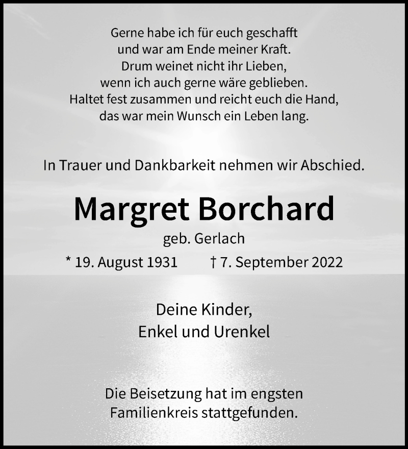 Traueranzeige für Margret Borchard vom 01.10.2022 aus 